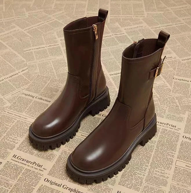 Leather Platform Women's Ankle Boots Autumn Winter Chelsea Female Short Shoes Round Toe Booties Trend 2025 Designer Luxury Boot