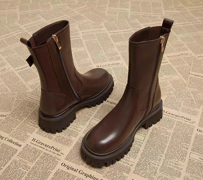 Leather Platform Women's Ankle Boots Autumn Winter Chelsea Female Short Shoes Round Toe Booties Trend 2025 Designer Luxury Boot