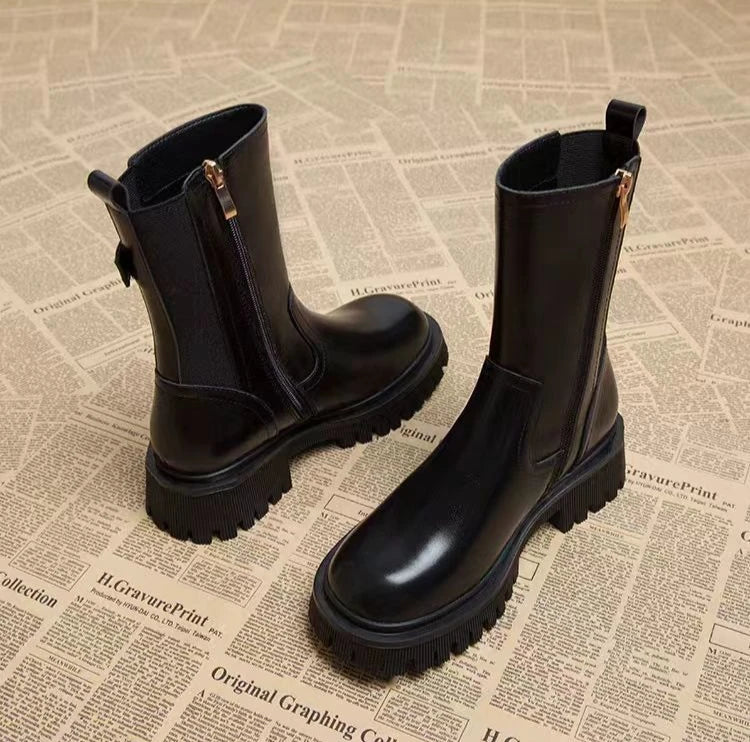 Leather Platform Women's Ankle Boots Autumn Winter Chelsea Female Short Shoes Round Toe Booties Trend 2025 Designer Luxury Boot