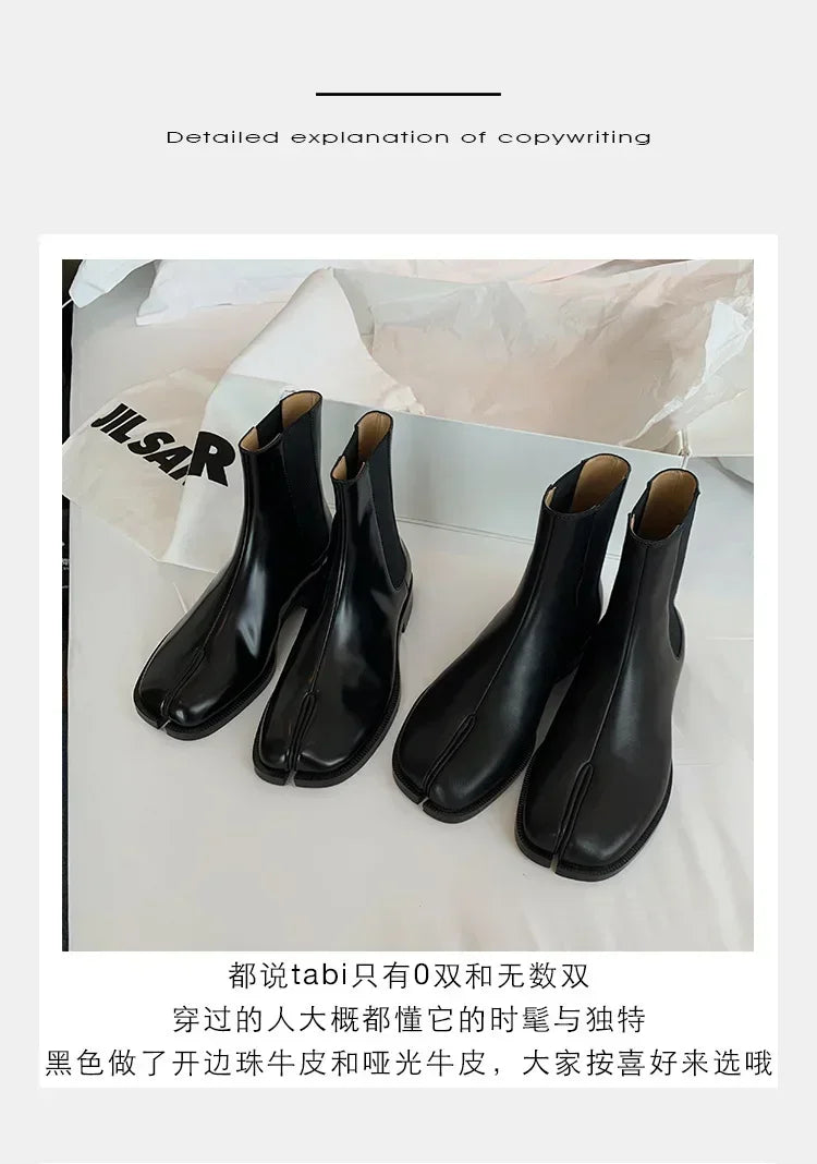 2025 Stretch Slip On Chelsea Boots Woman Split Toe Low Heels Ankle Botas Feminina Tabi Shoes Winter Patent/Matte Leather Botines