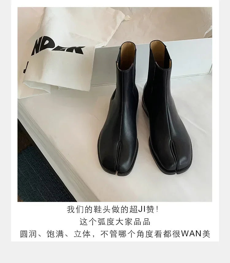 2025 Stretch Slip On Chelsea Boots Woman Split Toe Low Heels Ankle Botas Feminina Tabi Shoes Winter Patent/Matte Leather Botines