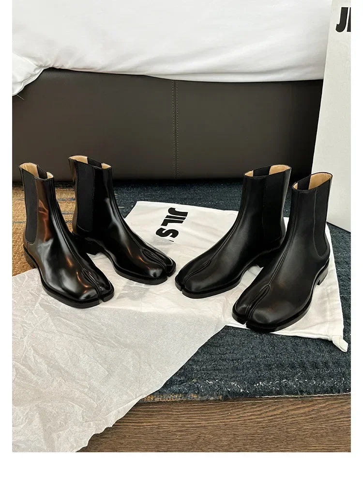 2025 Stretch Slip On Chelsea Boots Woman Split Toe Low Heels Ankle Botas Feminina Tabi Shoes Winter Patent/Matte Leather Botines