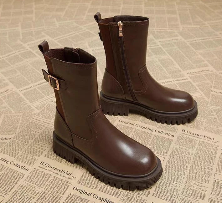 Leather Platform Women's Ankle Boots Autumn Winter Chelsea Female Short Shoes Round Toe Booties Trend 2025 Designer Luxury Boot