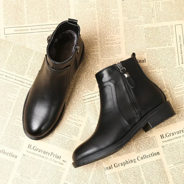 Women's Black Plush Ankle Boots with Side Zipper