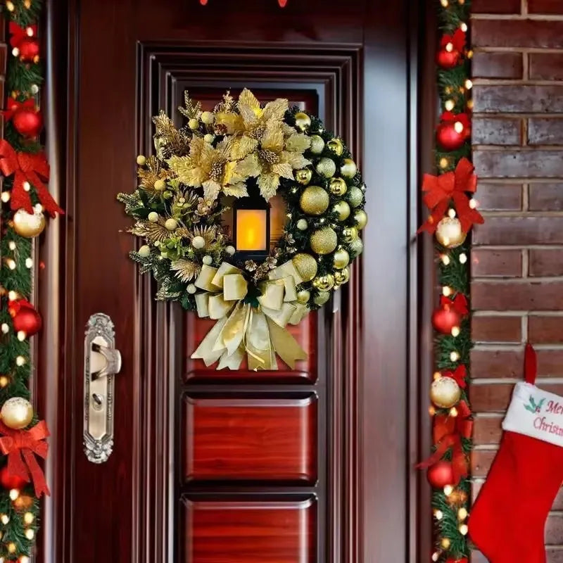 40cm Christmas Wreath With Lantern Front Door Garland With Large Bow Seasonal Ornament Christmas Decoration For Front Door Wall