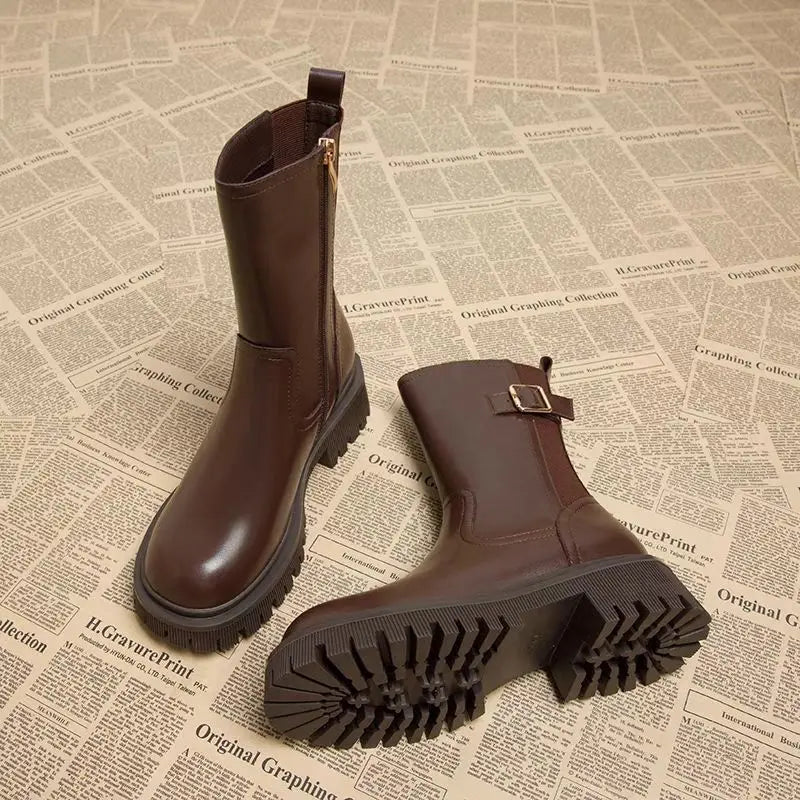 Leather Platform Women's Ankle Boots Autumn Winter Chelsea Female Short Shoes Round Toe Booties Trend 2025 Designer Luxury Boot