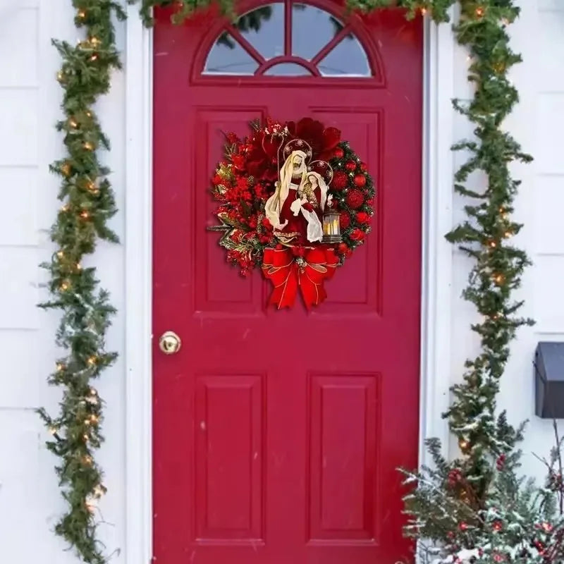 40cm Christmas Wreath With Lantern Front Door Garland With Large Bow Seasonal Ornament Christmas Decoration For Front Door Wall